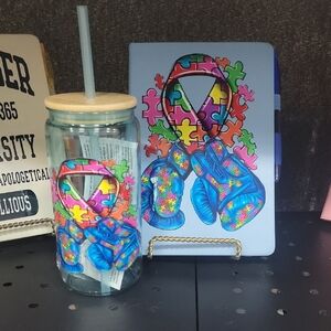 Autism Awareness Puzzle Ribbon & Boxing Gloves Drink Jar with Straw - Blue